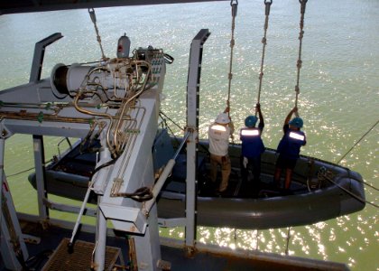 US Navy 050928-N-7359L-003 Sailors aboard the Nimitz-class aircraft carrier USS Dwight D. Eisenhower (CVN 69) lower the port side Rigid Hull Inflatable Boat (RHIB) during a man overboard drill