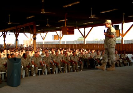 US Navy 051011-N-0962S-073 Master Chief Petty Officer of the Navy (MCPON) Terry Scott speaks to Sailors and Marines stationed at Camp Lemonier in Djibouti, Africa, during an all hands call