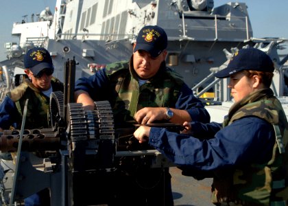US Navy 051021-N-4374S-001 Sailors aboard the guided missile destroyer USS Ross (DDG 71) man a twin .50 caliber machine gun mount
