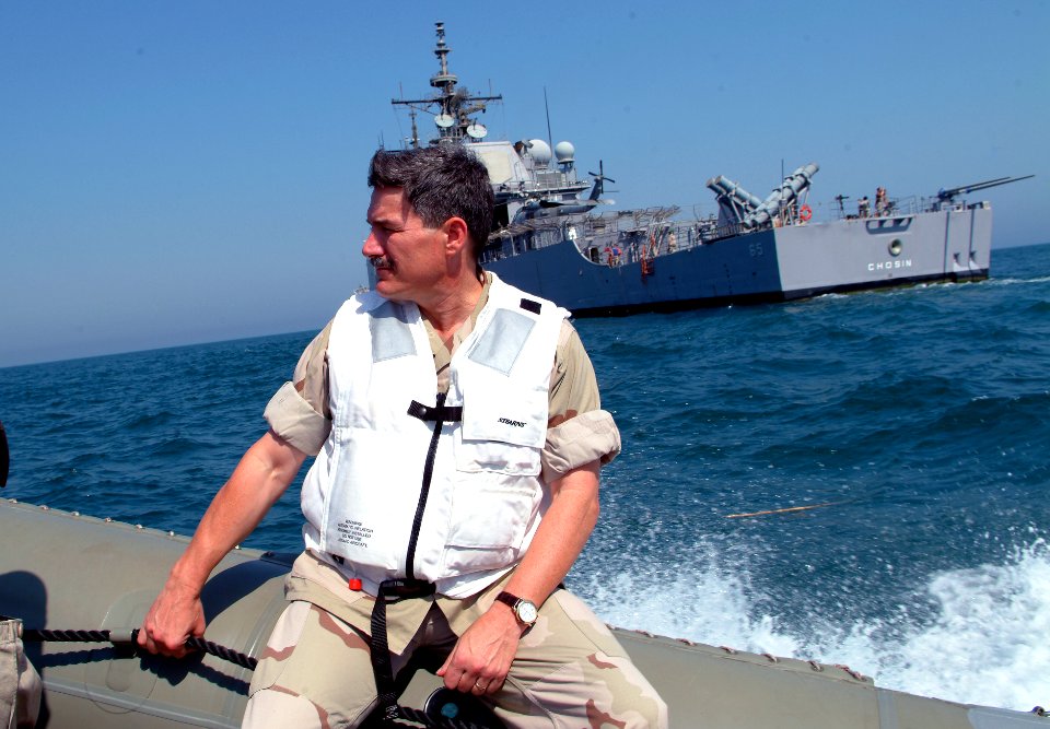 US Navy 051013-N-0962S-055 Master Chief Petty Officer of the Navy (MCPON) Terry Scott rides aboard a Rigid Hull Inflatable Boat (RHIB) that was launched from the guided missile cruiser USS Chosin (CG 65)