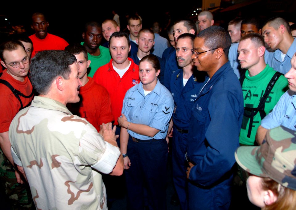 US Navy 051013-N-0962S-327 Master Chief Petty Officer of the Navy (MCPON) Terry Scott answer questions from Sailors aboard the Nimitz-class aircraft carrier USS Theodore Roosevelt (CVN 71)