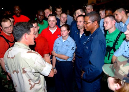 US Navy 051013-N-0962S-327 Master Chief Petty Officer of the Navy (MCPON) Terry Scott answer questions from Sailors aboard the Nimitz-class aircraft carrier USS Theodore Roosevelt (CVN 71)