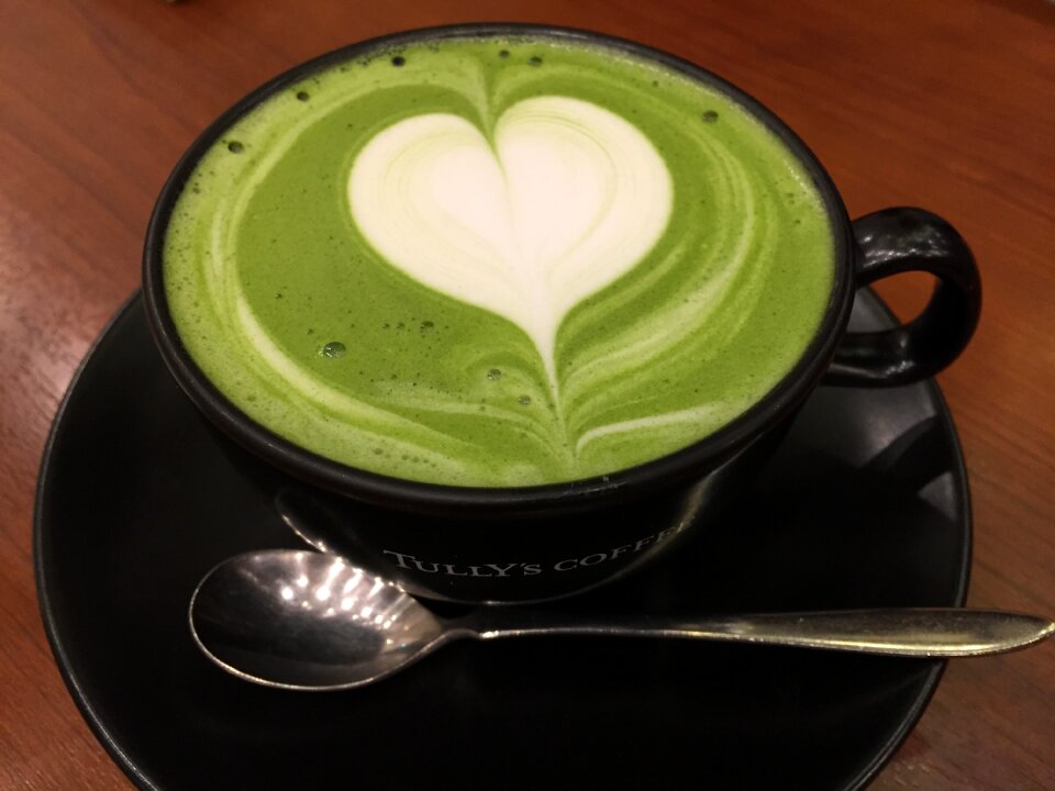 Matcha green tea latté heart photo