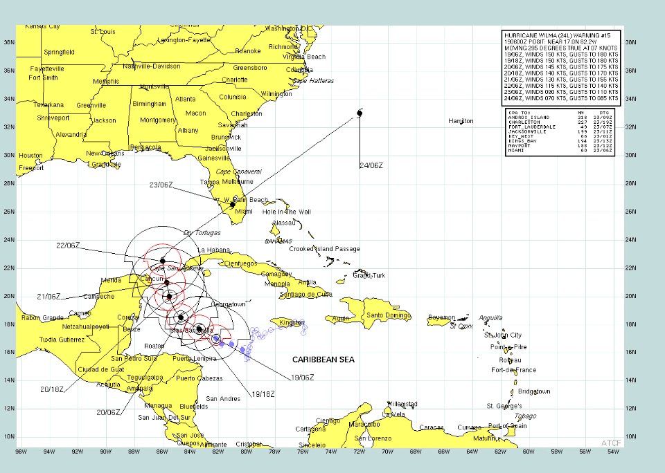 US Navy 051019-N-1234W-002 Graphic produced by the U.S. Navy, Atlantic Meteorology ^ Oceanography Center, Norfolk, Va., showing the anticipated track of Hurricane Wilma