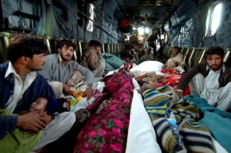 US Navy 051014-N-8796S-175 Injured Pakistanis are transported to medical help aboard a U.S. Navy MH-53E Sea Dragon helicopter