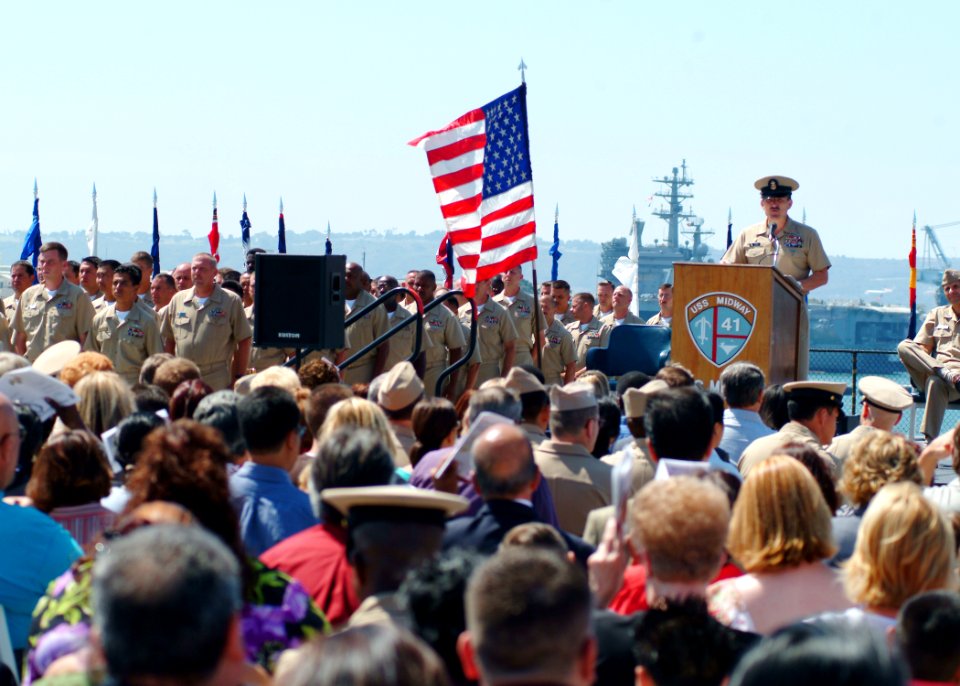 US Navy 050916-N-0962S-064 Master Chief Petty Officer of the Navy (MCPON) Terry Scott speaks during a chief petty officer pinning ceremony on board the San Diego Aircraft Carrier Museum Midway