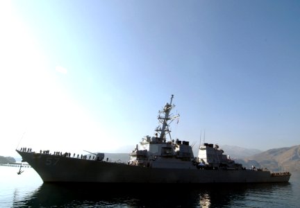 US Navy 051025-N-0780F-003 The guided missile destroyer USS Mitscher (DDG 57) arrives at Souda Bay's Marathi NATO Pier Facility for a routine port visit on the Greek island of Crete
