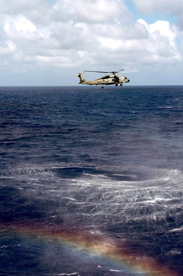 US Navy 051028-N-0413R-160 An SH-60F Seahawk helicopter, assigned to the Indians of Helicopter Anti-Submarine Squadron Six (HS-6), demonstrates search and rescue techniques