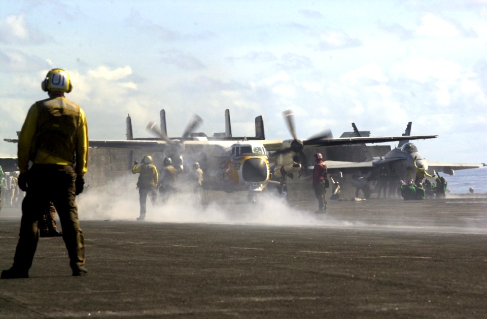 US Navy 051021-N-0361G-041 A C-2A Greyhound launches off the flight deck aboard the nuclear-powered aircraft carrier USS Nimitz (CVN 68)