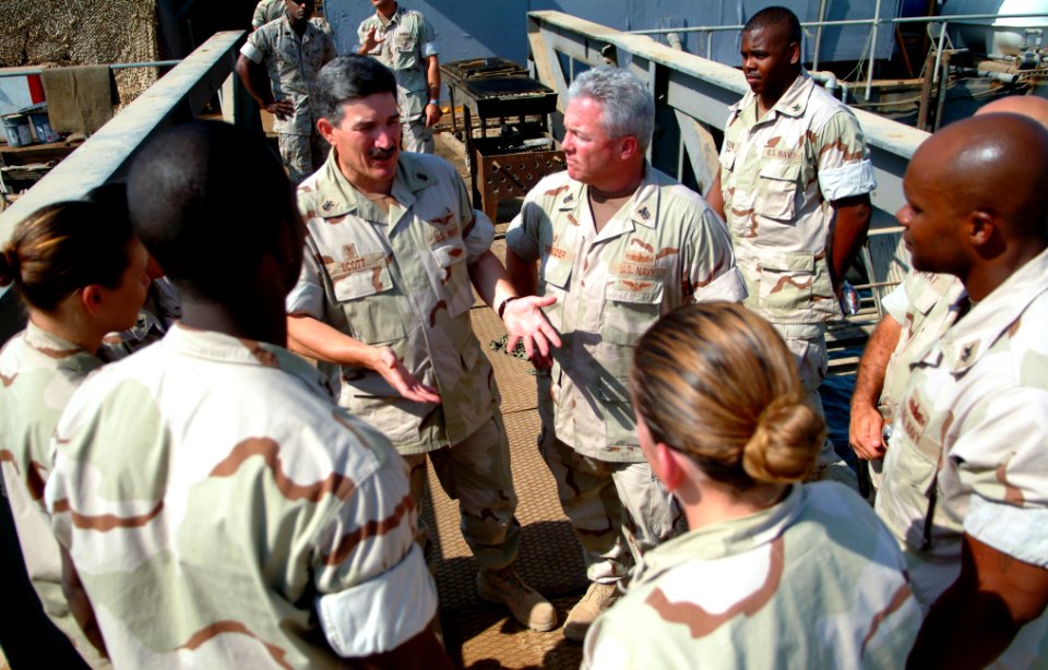 US Navy 051013-N-0962S-123 Master Chief Petty Officer of the Navy (MCPON) Terry Scott and 5th Fleet Command Master Chief Kelly Schneider visit with Sailors stationed on board the Khor Al-Amaya Oil Terminal (KAAOT)