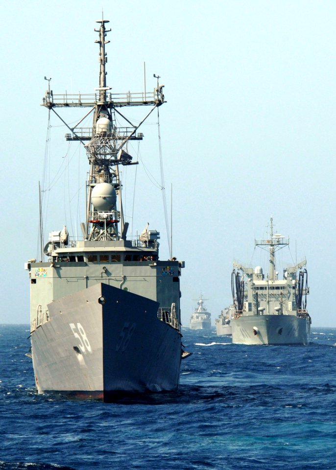 US Navy 051021-N-4374S-008 The guided missile frigate USS Samuel B. Roberts (FFG 58) executes a divisional tactical maneuver with the naval forces from Argentina, Brazil, Spain, and Uruguay during UNITAS 47-06 Atlantic Phase