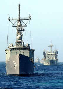 US Navy 051021-N-4374S-008 The guided missile frigate USS Samuel B. Roberts (FFG 58) executes a divisional tactical maneuver with the naval forces from Argentina, Brazil, Spain, and Uruguay during UNITAS 47-06 Atlantic Phase