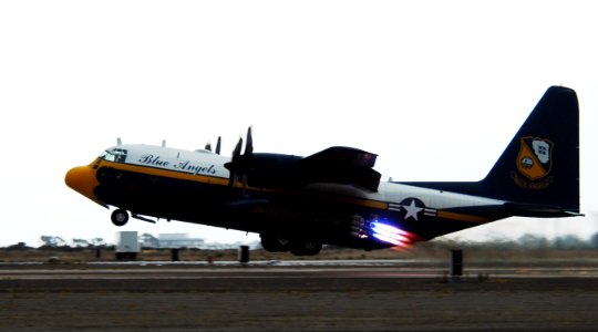 US Navy 051016-N-9500T-003 The U.S. Marine Corps C-130 Hercules, Fat Albert, assigned to the U.S. Navy Blue Angels flight demonstration team, uses Jet Assisted Take Off (JATO) bottles during the Marine Corps Air Station Miramar
