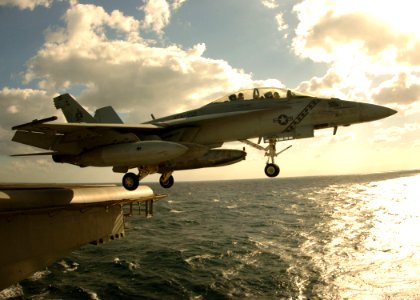 US Navy 051109-N-3488C-098 An F-A-18F Super Hornet, assigned to the Diamondbacks of Strike Fighter Squadron One Zero Two (VFA-102), launches off flight deck of the conventionally powered aircraft carrier USS Kitty Hawk (CV 63)