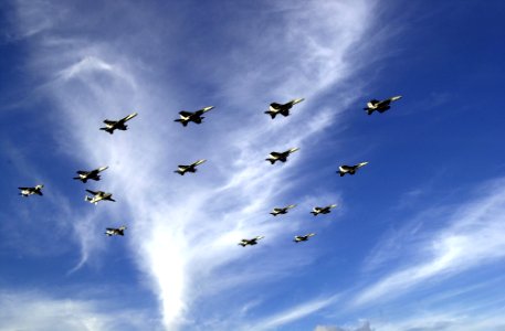 US Navy 051018-N-0361G-217 Aircraft assigned to Carrier Air Wing Eleven (CVW-11) fly in a large formation during a practice for an upcoming air power demonstration aboard the nuclear-powered aircraft carrier USS Nimitz (CVN 68)