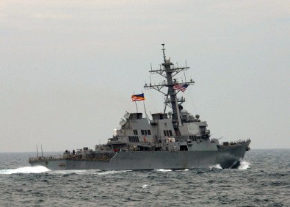 US Navy 051022-N-4374S-010 The guided missile destroyer USS Ross (DDG 71) maneuvers through the Atlantic Ocean photo