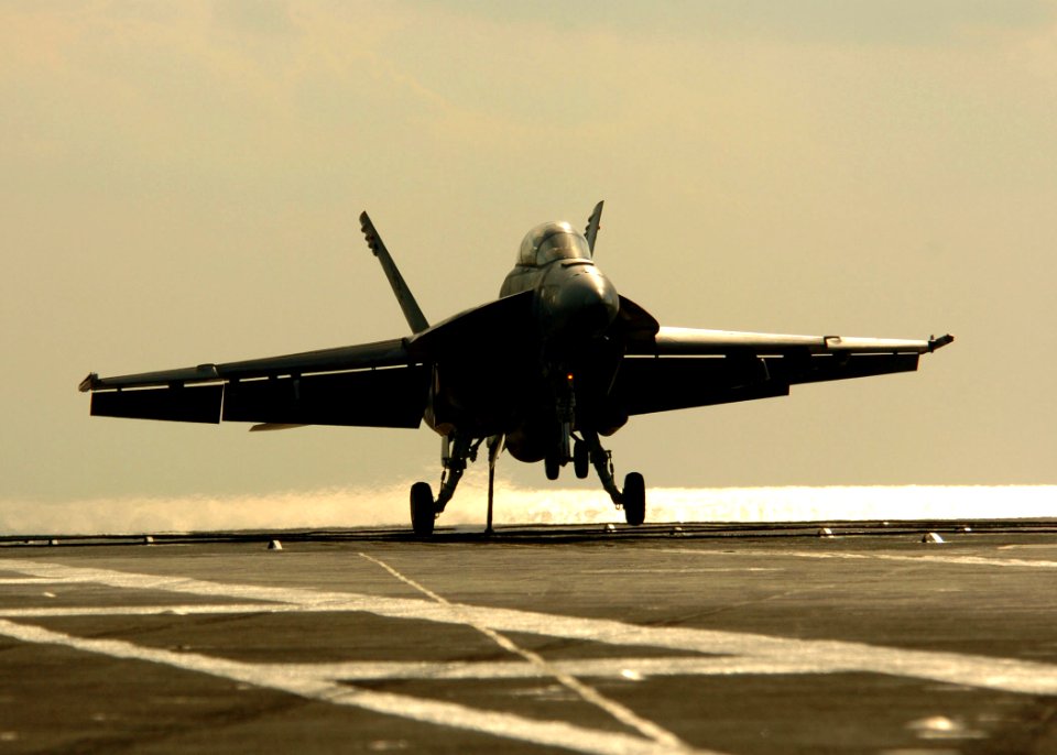 US Navy 051025-N-3488C-064 An F-A-18F Super Hornet, assigned to the Diamondbacks of Strike Fighter Squadron One Zero Two (VFA-102), prepares to catch the arresting gear cable