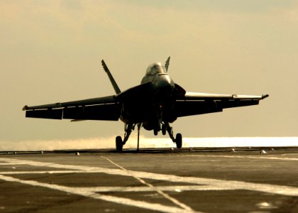 US Navy 051025-N-3488C-064 An F-A-18F Super Hornet, assigned to the Diamondbacks of Strike Fighter Squadron One Zero Two (VFA-102), prepares to catch the arresting gear cable