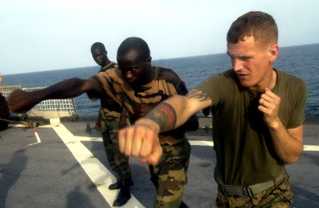 US Navy 051103-F-5789F-023 U.S. Marine Corps Lance Cpl. Chuck Myers, assigned to 2nd Platoon, Charlie Company, 1st Battalion, 8th Marines, trains a Senegalese Navy infantryman in Marine Corps Martial Arts