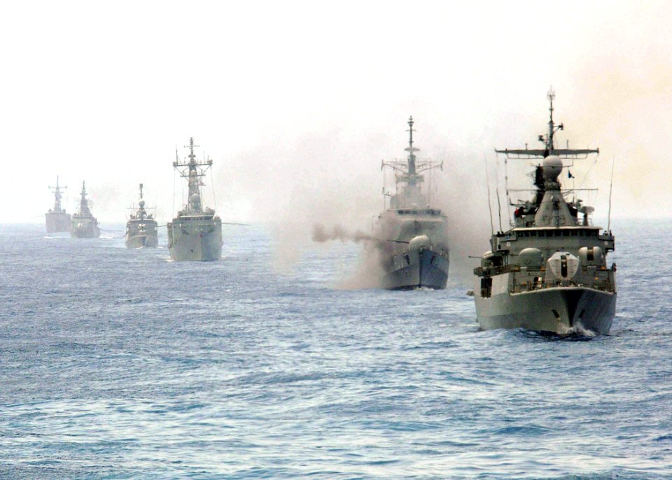 US Navy 051026-N-4374S-006 Naval ships from Argentina, Brazil, Spain, Uruguay, and the United States participate in a gunnery exercise during UNITAS 47-06