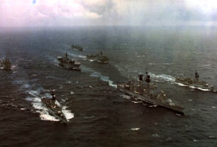 USS Chicago (CG-11) underway in the Pacific Ocean with an amphibious ready group, in 1979