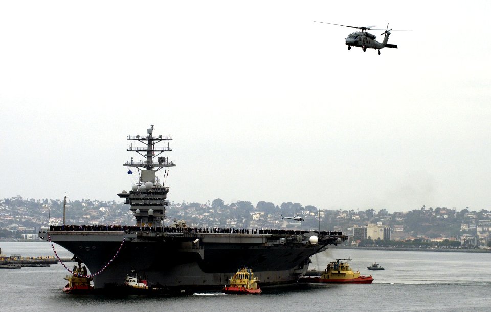 US Navy 051108-N-9866B-009 The nuclear-powered aircraft carrier USS Nimitz (CVN 68) pulls into her homeport of Naval Air Station North Island, Calif