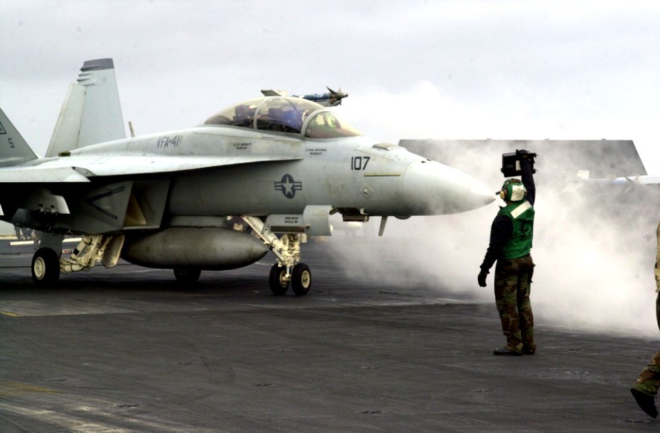 US Navy 051107-N-0361G-120 An F-A-18F Super Hornet, assigned to the Black Aces of Strike Fighter Squadron Four One (VFA-41) prepares to launch from the nuclear-powered aircraft carrier USS Nimitz (CVN 68)