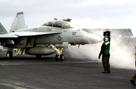 US Navy 051107-N-0361G-120 An F-A-18F Super Hornet, assigned to the Black Aces of Strike Fighter Squadron Four One (VFA-41) prepares to launch from the nuclear-powered aircraft carrier USS Nimitz (CVN 68)