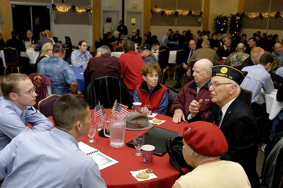 US Navy 051111-N-6477M-008 Over 100 veterans from all branches of the U.S. Military attend a Veterans Day Social on board Naval Station Everett, Wash