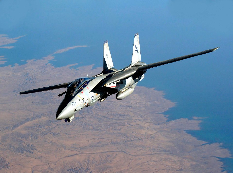 US Navy 051111-F-5480T-007 An F-14D Tomcat, assigned to the Blacklions of assigned to the Blacklions of Fighter Squadron Two One Three (VF-213), conducts a mission over the Persian Gulf-region