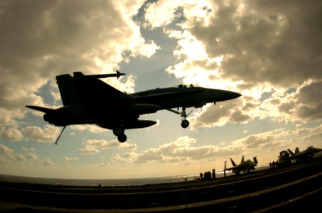 US Navy 051109-N-3488C-117 An F-A-18C Hornet, assigned to the Dambusters of Strike Fighter Squadron One Nine Five (VFA-195), prepares to catch the arresting gear aboard the conventionally powered aircraft carrier USS Kitty Hawk