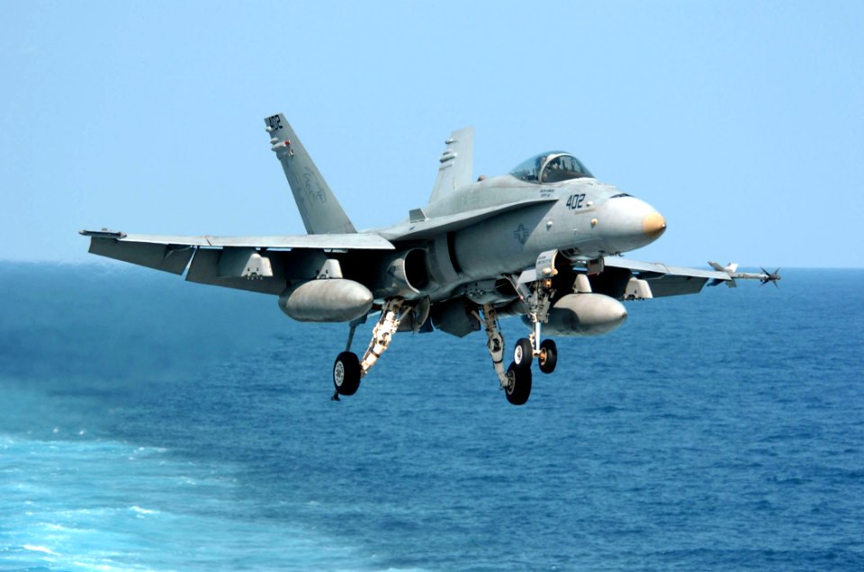 US Navy 051202-N-3488C-046 An F-A-18C Hornet, assigned to the Dambusters of Strike Fighter Squadron One Nine Five (VFA-195), prepares to land