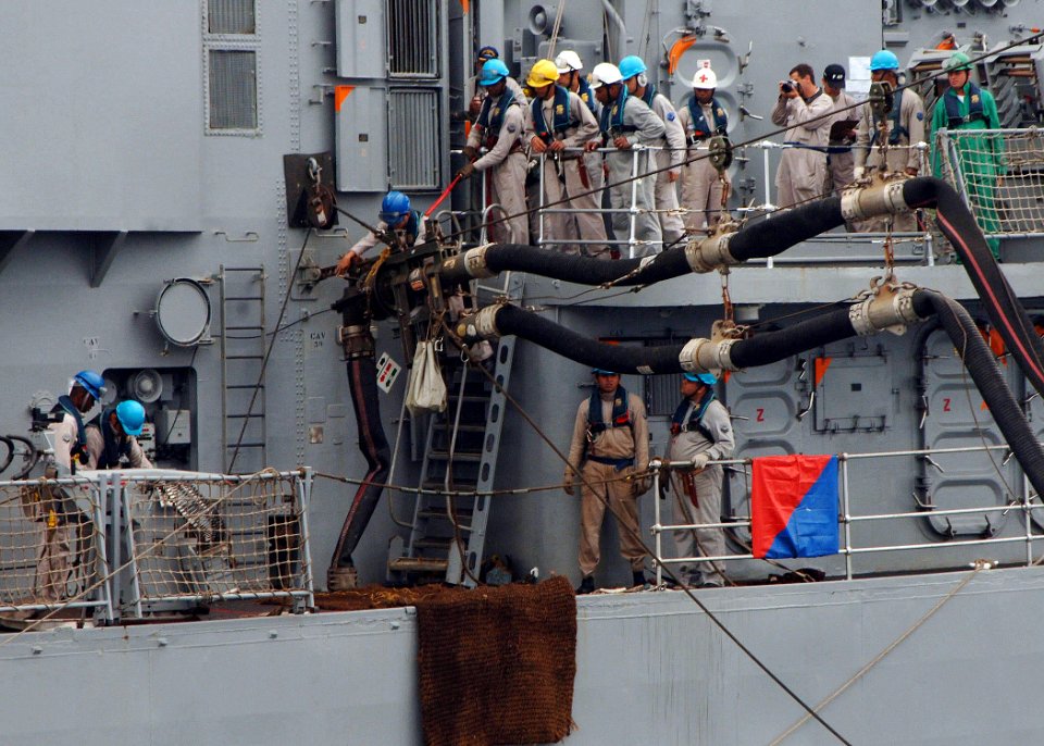 US Navy 051022-N-4374S-016 Sailors assigned to the Brazilian frigate BNS Rademaker (F 49) perform a replenishment at sea with the Spanish oiler SPS Marques De La Ensenada (A 11)