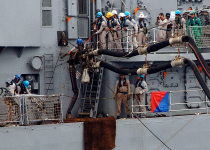 US Navy 051022-N-4374S-016 Sailors assigned to the Brazilian frigate BNS Rademaker (F 49) perform a replenishment at sea with the Spanish oiler SPS Marques De La Ensenada (A 11)