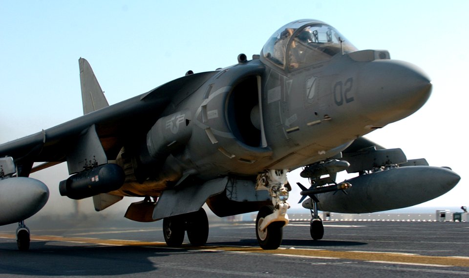 US Navy 051114-N-9866B-242 An AV-8B Harrier, assigned to the Black Sheep of Marine Attack Squadron Two One Four (VMA-214), conducts a rolling take off from the flight deck of the amphibious assault ship USS Peleliu (LHA 5)