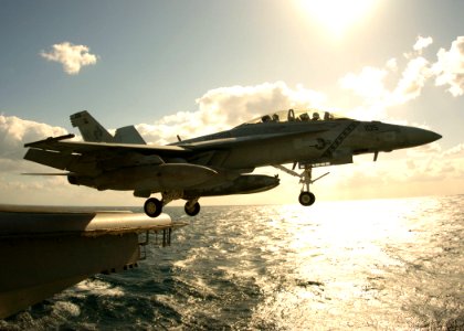 US Navy 051109-N-3488C-040 An F-A-18F Super Hornet, assigned to the Diamondbacks of Strike Fighter Squadron One Zero Two (VFA-102), launches off flight deck of the conventionally powered aircraft carrier USS Kitty Hawk (CV 63)
