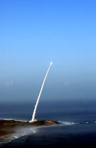 US Navy 051117-O-XXXXX-002 A medium-range separating target missile is seen seconds after lift-off from the Pacific Missile Range Facility, Barking Sands, Kauai, Hawaii