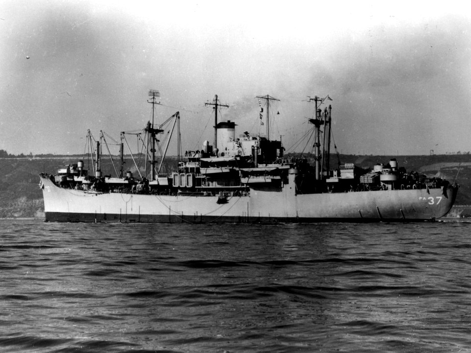 USS Cavalier (APA-37) standing out of San Diego Bay, California (USA), circa the late 1940s (USN 1045359)