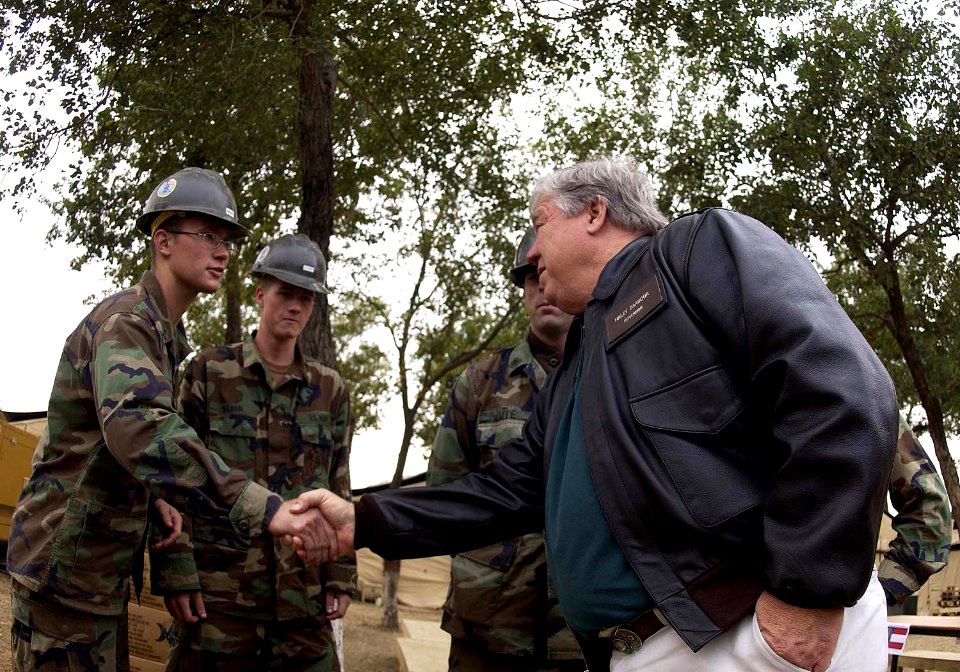 US Navy 051127-F-0692M-022 Governor of Mississippi, Haley Barbour shakes hands with U.S Navy Seabees at Chaklala Air Base, Pakistan