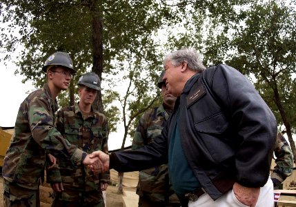 US Navy 051127-F-0692M-022 Governor of Mississippi, Haley Barbour shakes hands with U.S Navy Seabees at Chaklala Air Base, Pakistan