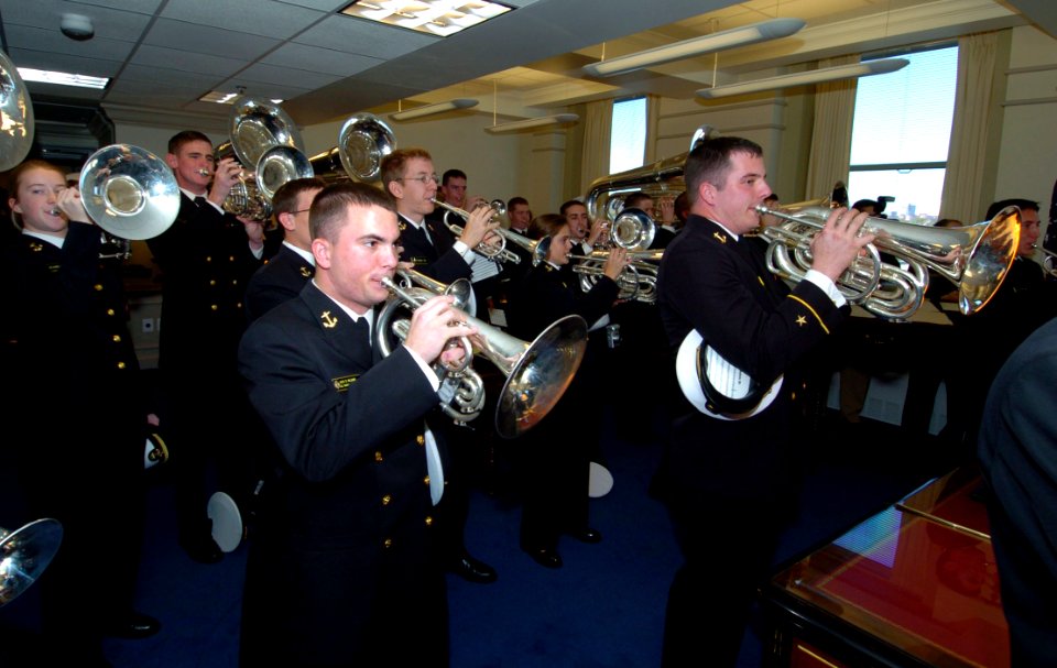 US Navy 051130-N-0295M-004 The U.S. Naval Academy Drum and Bugle Corps plays during a Pep-Rally at the Pentagon prior to the upcoming 106th Army-Navy football game