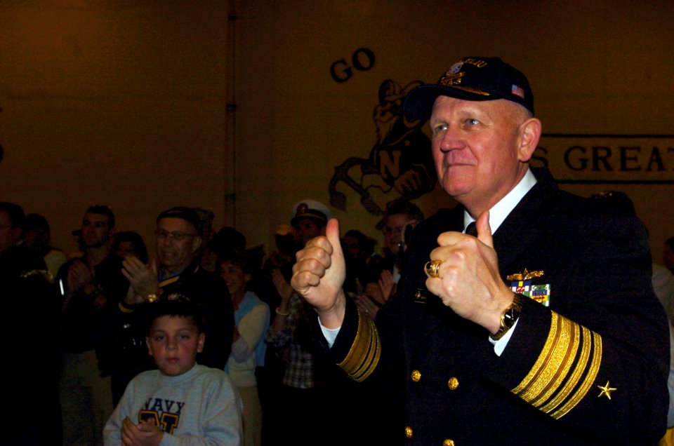 US Navy 051221-N-9866B-625 U.S. Naval Academy Superintendent Vice Adm. Rodney Rempt cheers at a pep rally