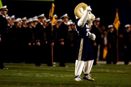 US Navy 051222-N-9866B-037 U.S. Naval Academy Midshipmen mascot Bill the Goat waves to the fans during the pre-game
