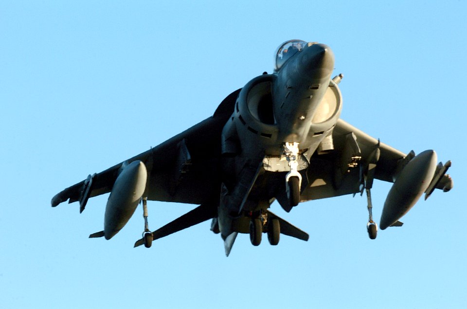US Navy 051203-N-9866B-090 An AV-8B Harrier, assigned to the Blacksheep of Marine Attack Squadron Two One Four (VMA-214), makes its landing approach