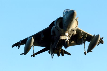 US Navy 051203-N-9866B-090 An AV-8B Harrier, assigned to the Blacksheep of Marine Attack Squadron Two One Four (VMA-214), makes its landing approach