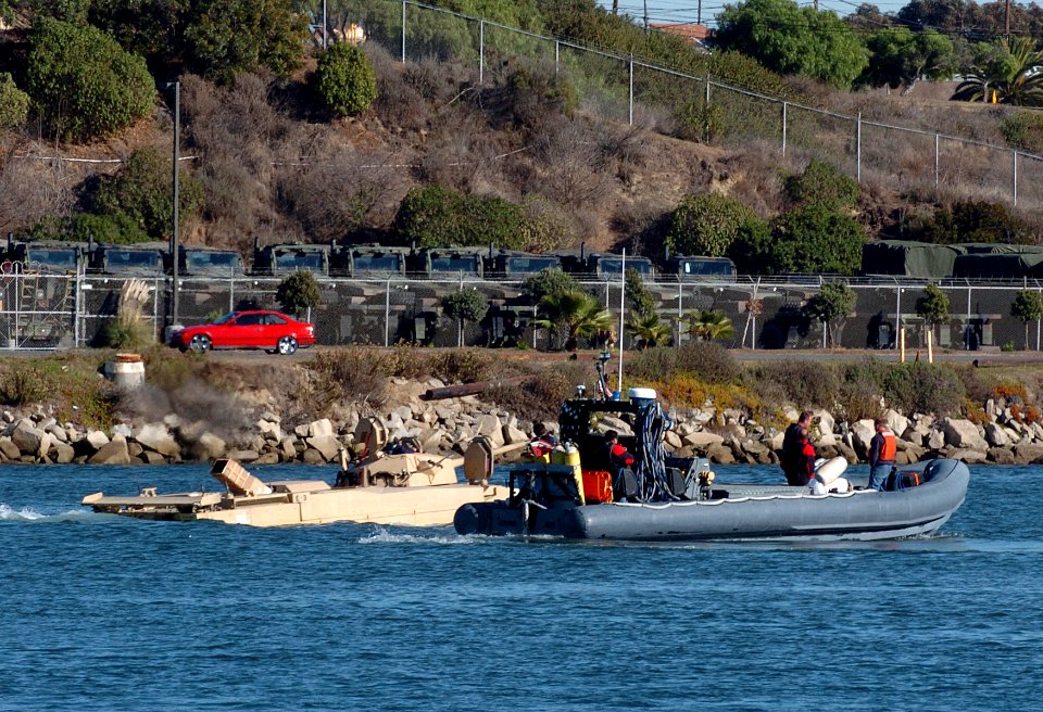 US Navy 051205-N-9866B-227 The U.S. Marine Corps' new Expeditionary Fighting Vehicle (EFV) Advanced Amphibious Assault Vehicle (AAAV) is tested in the landing area of Del Mar Boat Base, Camp Pendleton, Calif
