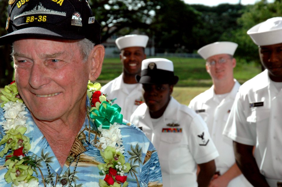 US Navy 051213-N-3019M-002 Pearl Harbor survivor Woody Derby, stationed aboard the battleship USS Nevada (BB 36) during the Dec. 7, 1941 attack, recounts his experiences to Sailors