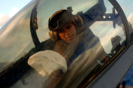 US Navy 051206-N-3488C-003 A plane captain cleans the canopy of one of his squadron's F-A-18F Super Hornets prior to flight operations