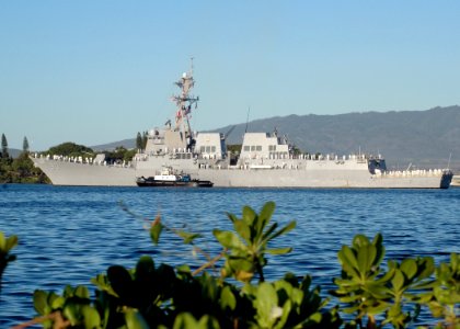 US Navy 051207-N-3019M-005 The guided missile destroyer USS Chafee (DDG 90) renders honors as its Sailors man the rails during the 64th commemoration
