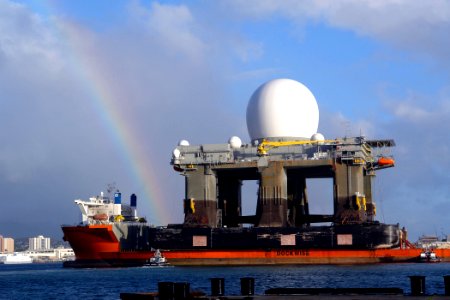 US Navy 060109-N-9643K-105 The heavy lift vessel MV Blue Marlin enters Pearl Harbor, Hawaii, with the Sea Based X-Band Radar (SBX) aboard
